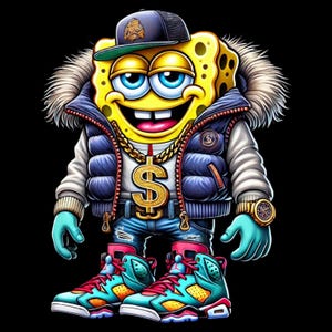 Puede incluir: Un personaje de esponja amarillo que viste un chaleco acolchado azul oscuro con capucha de piel, una gorra de béisbol negra y una cadena de oro con un colgante de signo de dólar. El personaje lleva vaqueros azules, reloj de oro y zapatillas.