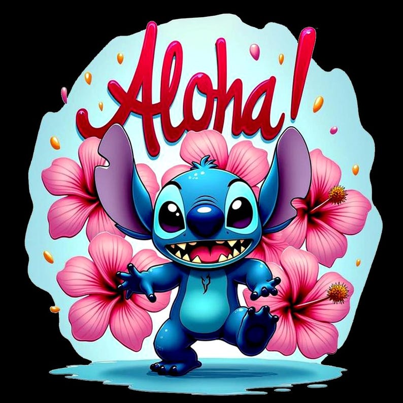 May include: A cartoon illustration of a blue alien-like creature with large ears and a wide grin, surrounded by pink hibiscus flowers. The word "Aloha!" is written in red script above the character, set against a light blue background.