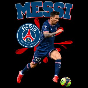 May include: Lionel Messi in a navy blue football kit, number 30, playing football. The image includes the text "MESSI" in blue and red, and the Paris Saint-Germain logo on a black background.