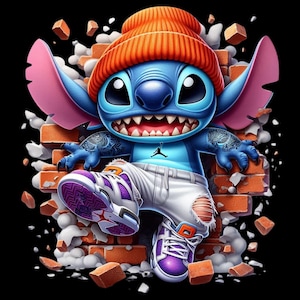 May include: A blue creature with large ears wearing an orange beanie, white distressed jeans, and purple and white trainers. The character has tattoos on its arms, a black jumpman logo on its chest, and is positioned in front of a crumbling brick wall.