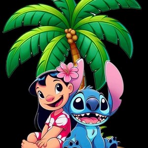 May include: A digital illustration featuring Lilo and Stitch from Disney's Lilo & Stitch. Lilo, wearing a pink and white dress, sits next to Stitch, a blue alien. They are under a palm tree on a sandy surface, set against a black background.