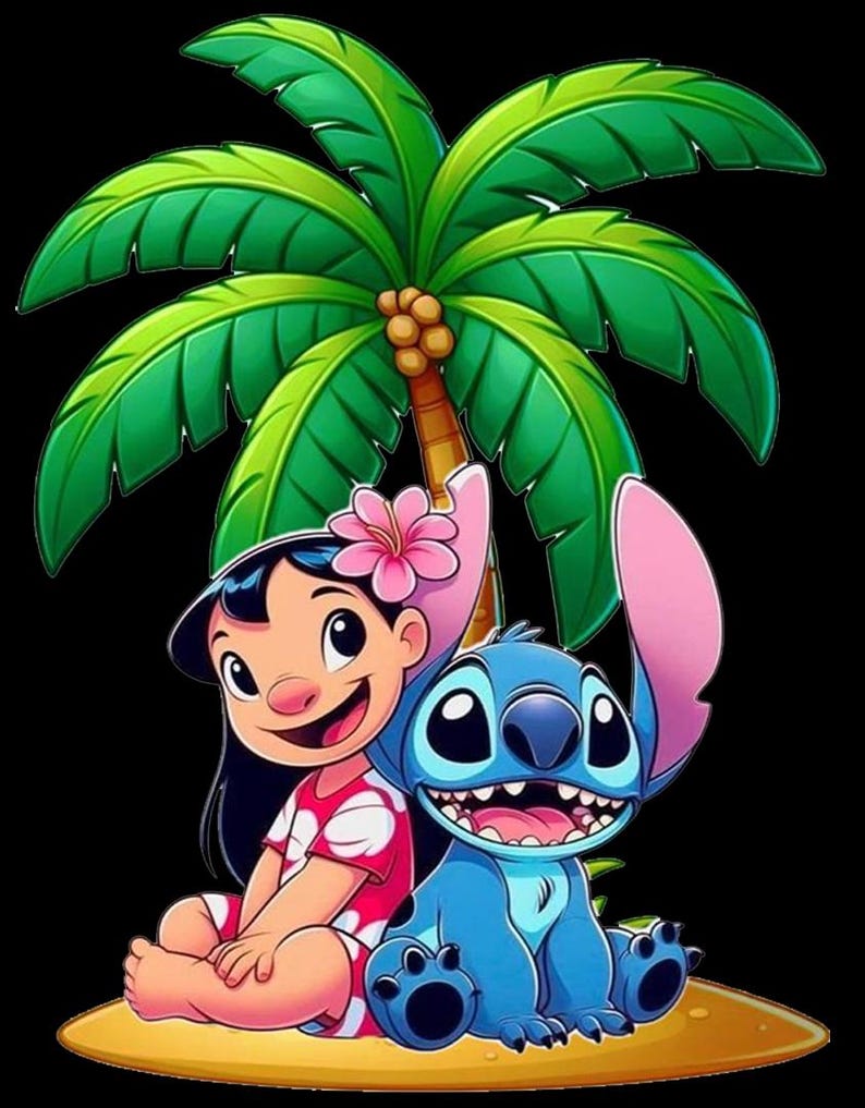May include: A digital illustration featuring Lilo and Stitch from Disney's Lilo & Stitch. Lilo, wearing a pink and white dress, sits next to Stitch, a blue alien. They are under a palm tree on a sandy surface, set against a black background.