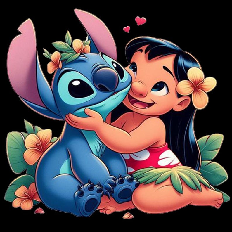May include: A digital illustration of the characters Lilo and Stitch from the Disney movie Lilo & Stitch. Lilo, with black hair and a flower, hugs Stitch, a blue alien with large ears, adorned with flowers. Two pink hearts float above them, set against a black background.
