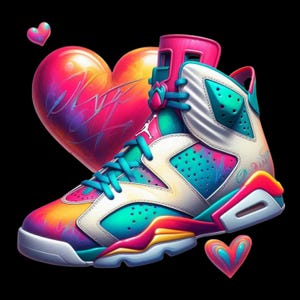 May include: A high-top trainer featuring a white, teal, and vibrant pink colour palette with a gradient effect. The shoe displays a Jumpman logo on the tongue and is surrounded by large, colourful, glossy heart shapes against a black background.