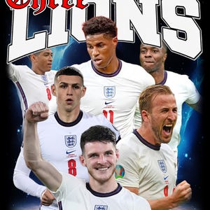 May include: A graphic featuring the text "Three Lions" in red and white, with images of several England soccer players in white jerseys. The players are set against a dark background, with the English FA logo visible.