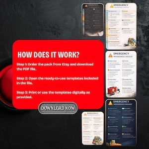 May include: A digital emergency preparedness checklist with a red and white graphic. The checklist includes sections for water and food, first aid, and home safety. The image also includes instructions on how to download the PDF file.