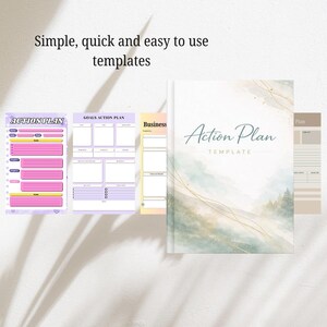 May include: A collection of action plan templates. The templates include a notebook with the words "Action Plan Template" and several sheets with different layouts. The sheets have titles like "Action Plan", "Goals Action Plan", and "Business". The text "Simple, quick and easy to use templates" is at the top.