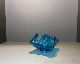 Vintage Viking Style MCM Blue Handkerchief Art Glass Pedestal Bowl  ~7"
