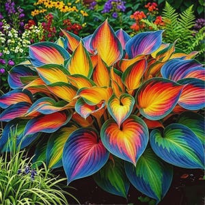 May include: A vibrant plant with large, colorful leaves. The leaves display a gradient of colors, including yellow, orange, red, blue, and green. The plant is surrounded by other flowers and greenery, creating a lush garden scene.