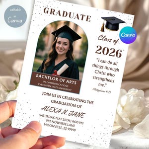 May include: A graduation announcement featuring a photo of a graduate in a cap and gown. The announcement includes the text "Graduate," "Bachelor of Arts," and "Class of 2026." The announcement also includes the graduate's name, date, time, and location.