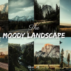 以下が含まれることがあります： 山、森、道路、水辺を写した8枚の風景写真のコラージュ。「The Moody Landscape」の文字が白い筆記体で重ねられています。画像はモバイルとデスクトップ向けに設計されています。