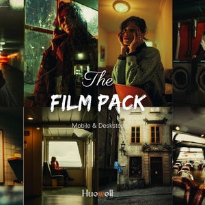 May include: A collage of images with a cinematic aesthetic. The text "The Film Pack" is displayed, with "Mobile & Desktop" below. The images feature people in various settings, including a tunnel, a cafe, and a building exterior.