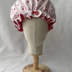 Satin Bonnet Sweetheart - Handmade - Red Hearts, Adjustable Size Sleeping Cap