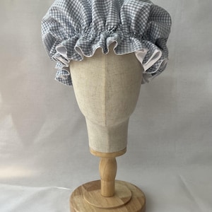 Satin Bonnet Emma: Handmade Satin Bonnet Emma – Light blue checkered, adjustable sleeping cap”
