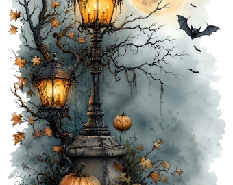 Halloween Watercolor PNG, Gothic Lantern Clipart, Spooky Pumpkin Digital Download, Full Moon Halloween Art, Vintage Halloween PNG, Printable