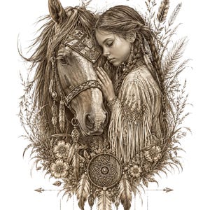 Boho Horse & Native Inspired Girl PNG | Western Spirit Animal Art | Dreamcatcher Sublimation Design | Vintage Western PNG