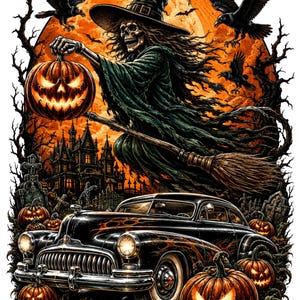 Könnte beinhalten: Eine grafische Illustration einer Skeletthexe im dunkelgrünen Umhang auf einem Besen, die einen leuchtenden Kürbis hält. Darunter steht ein schwarzes Oldtimer-Auto mit Flammenaufklebern inmitten eines Friedhofs mit Kürbissen und einem orangefarbenen Vollmond.