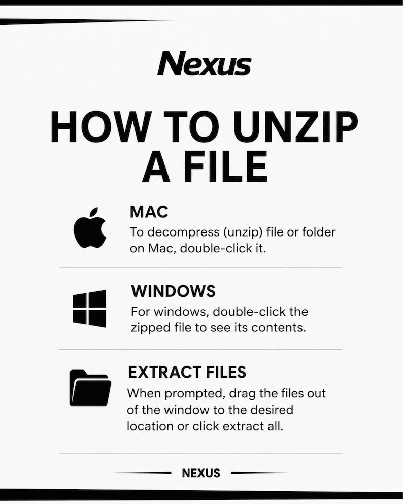 May include: A white informational graphic with black text titled Nexus HOW TO UNZIP A FILE. It provides instructions for Mac and Windows systems, stating to double-click files to decompress them, and explains how to extract files by dragging or clicking.