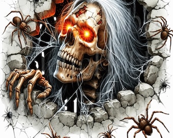 Creepy Skeleton PNG, Horror Skull with White Hair, Spider Gothic PNG, Halloween Sublimation Design, Digital Download, Shirt PNG, 4500x5400