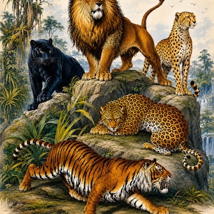 Vintage Big Cats Wall Art Print, Lion Tiger Leopard Cheetah Panther Poster, Antique Wildlife Illustration, Printable Bedroom Decor PNG