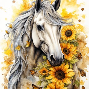 Könnte beinhalten: Eine Aquarellillustration eines weißen Pferdes mit fließender Mähne, umgeben von leuchtend gelben Sonnenblumen und orangefarbenen Monarchfaltern vor einem weichen, gelb und braun gesprenkelten Hintergrund mit künstlerischen Farbtexturen.