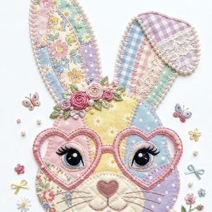 Könnte beinhalten: Ein farbenfroher Patchwork-Hase mit herzförmiger Brille, verziert mit floralen Akzenten und Schmetterlingen. Die Ohren und das Gesicht des Hasen weisen eine Vielzahl von gemusterten Stoffen in Pastellfarben auf. Die Brille ist rosa und die Augen sind schwarz.