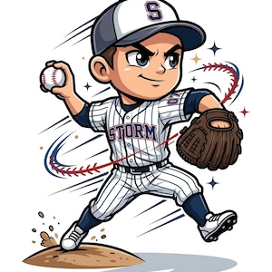 ストーム野球投手ベクター漫画マスコットロゴ - 高解像度PNG - Tシャツステッカー用のピンストライプユニフォームスポーツアート。