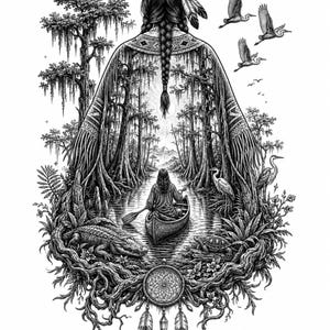 Native American Spirit Art PNG, Indigenous Woman Canoe Swamp Illustration, Boho Mystical Wall Art Digital Download, Tattoo Design
