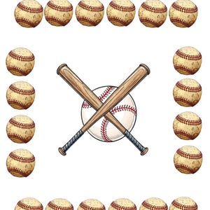 Könnte beinhalten: Eine Illustration mit einem Baseball und zwei gekreuzten Schlägern, umgeben von Basebällen. Die Basebälle sind cremefarben mit roten Nähten. Die Schläger sind braun mit schwarzen Griffen.