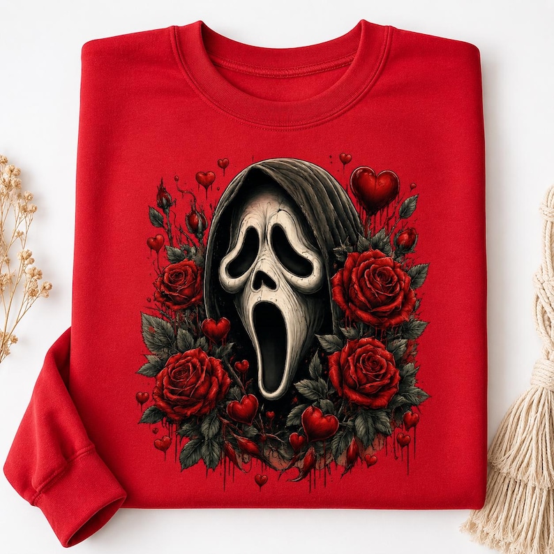 May include: A bright red crewneck sweatshirt featuring a central graphic of a white ghost-like mask with a dark hood, surrounded by deep red roses, green leaves, and small red hearts, with a dripping paint effect integrated into the design.