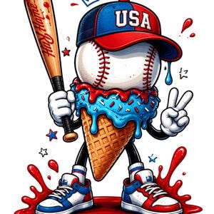 Könnte beinhalten: Eine Baseball-Cartoonfigur mit einer rot-blauen USA-Baseballkappe, die einen Holzschläger mit der Aufschrift Home Run hält. Die Figur hat einen schmelzenden blauen Eiswaffelkörper mit roten Streuseln, weißen Handschuhen und rot-weiß-blauen Turnschuhen.