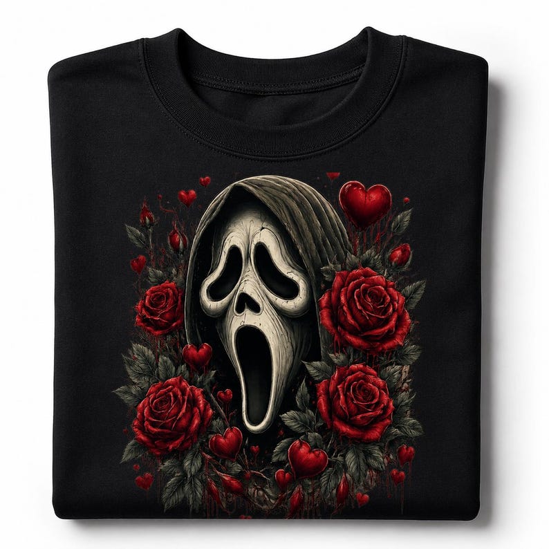 May include: A black crewneck sweatshirt featuring a central graphic of a white, elongated, ghost-like mask with a dark hood, surrounded by deep red roses and small red heart shapes scattered throughout the floral arrangement on the front.