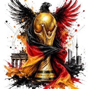 Könnte beinhalten: Ein goldener World Cup 2026 Pokal, umhüllt von einer schwarz-rot-goldenen deutschen Flagge, unter einem großen schwarzen Adler mit rot gefärbten Flügelspitzen. Das Bild zeigt die Silhouette des Brandenburger Tors und des Berliner Fernsehturms.