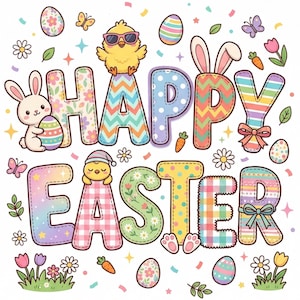 Könnte beinhalten: Bunte Illustration mit den Worten "HAPPY EASTER" in Buchstaben im Patchwork-Stil. Das Bild zeigt Ostereier, Hasen, Küken, Blumen und Schmetterlinge, alles in einem fröhlichen Cartoon-Stil. Konfetti und dekorative Elemente umgeben den Text.