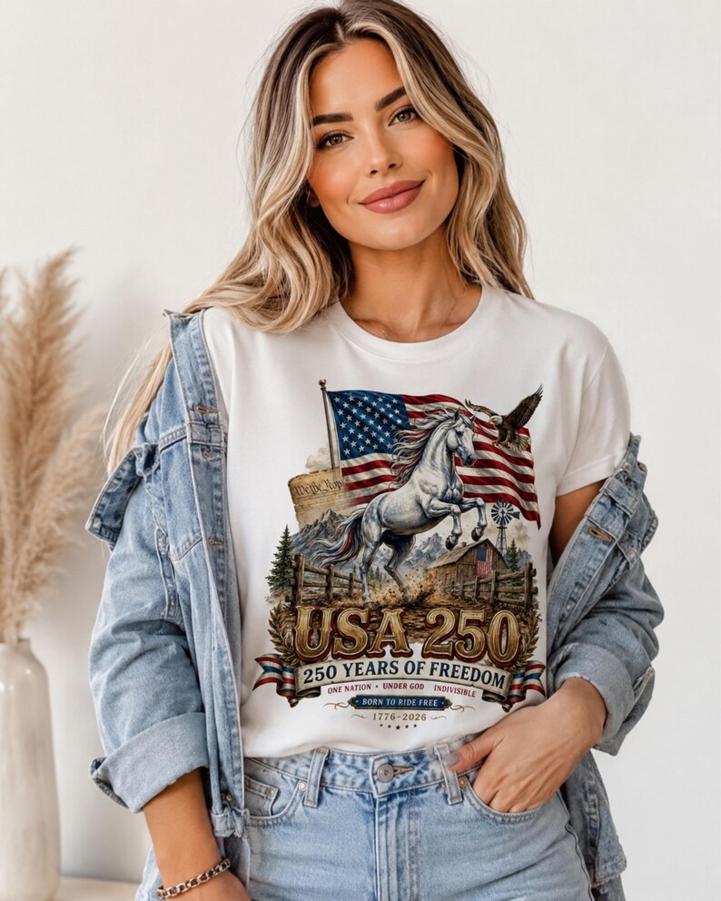 May include: A white t-shirt featuring a graphic print of a rearing white horse, an American flag, a bald eagle, a barn, and the text USA 250, 250 YEARS OF FREEDOM, ONE NATION UNDER GOD INDIVISIBLE, BORN TO RIDE FREE, and the years 1776-2026.