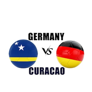 Könnte beinhalten: Zwei Fußbälle sind mit dem Text GERMANY vs CURACAO abgebildet. Der linke Ball zeigt die blau-gelb-weiße Flagge von Curaçao mit zwei weißen Sternen. Der rechte Ball zeigt die schwarz-rot-goldene Flagge von Deutschland.