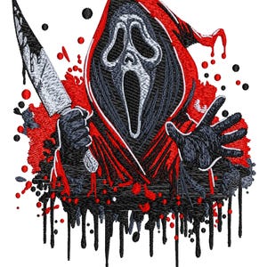 Op de afbeelding: Een geborduurde patch met een figuur in een zwart-wit spookmasker en een rode capuchonmantel. Het figuur houdt een groot mes in één hand, met rode en zwarte verfachtige spetters en druppels die het ontwerp omringen.