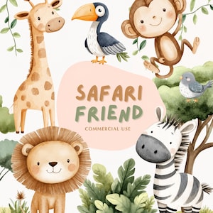 Può includere: Un'illustrazione ad acquerello raffigurante una giraffa, un tucano, una scimmia, un leone e una zebra circondati da fogliame verde. Una forma centrale rosa chiaro contiene il testo SAFARI FRIEND e COMMERCIAL USE in lettere marroni e verdi.