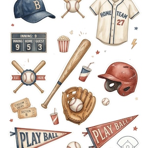Op de afbeelding: Waterverfillustratie van honkbal-thema-items. Bevat een marineblauwe honkbalpet met een "B", een shirt met "HOME TEAM 27", een scorebord, honkballen, knuppels, een handschoen, een helm en wimpels met "PLAY BALL".