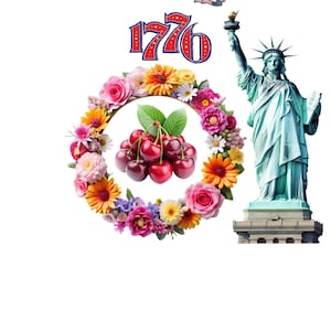 Könnte beinhalten: Ein patriotisches Design mit der Freiheitsstatue, einem Adler mit amerikanischer Flagge und der Zahl "1776". Ein Blumenkranz umgibt eine Gruppe von Kirschen. Das Bild hat einen weißen Hintergrund.