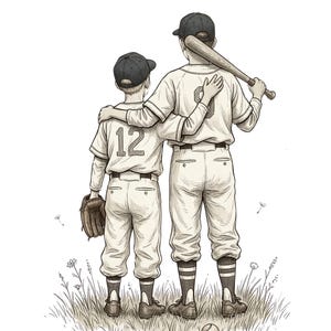 Könnte beinhalten: Schwarz-Weiß-Illustration von zwei Baseballspielern in Vintage-Uniformen, von hinten gesehen. Einer hat einen Handschuh, der andere einen Schläger. Der Spieler links trägt die Nummer 12. Das Bild hat einen grasbewachsenen Vordergrund.
