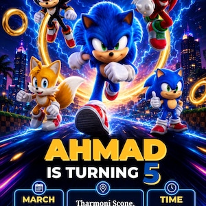 Könnte beinhalten: Eine digitale Geburtstagseinladung mit den Charakteren Sonic, Shadow, Knuckles und Tails. Der Text lautet AHMAD IS TURNING 5, MARCH 25, Tharmoni Scone, The Adventure Zone, TIME 7:00 PM und RSVP TO MOM: +123 456 7890.
