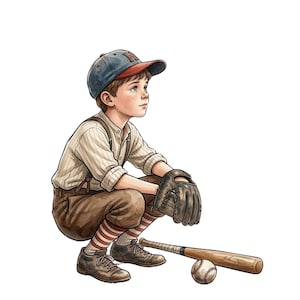 Baseball Boy Digital Art Print | Nostalgic Retro Kid Illustration PNG | 1920s Americana Nursery Decor | Printable Baseball Art 2700x3375px