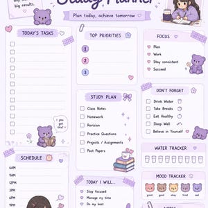 Könnte beinhalten: Eine hellviolette Lernplaner-Seite mit Abschnitten für Aufgaben, Prioritäten, Fokus, Zeitplan, Wasser- und Stimmungs-Tracker. Sie enthält Illustrationen einer lernenden Person, lila Bären und Texte wie Study Planner, Plan today, achieve tomorrow und Small steps every day lead to big results.