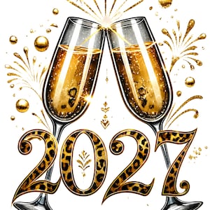 Könnte beinhalten: Zwei klare Champagnergläser gefüllt mit goldener, sprudelnder Flüssigkeit, die aneinanderstoßen, umgeben von golden glitzernden Feuerwerkskörpern und der Jahreszahl 2027 in einer fetten Schrift mit braun-schwarzem Leopardenmuster.