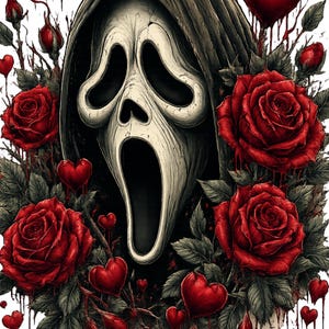 Può includere: Una maschera bianca simile a un fantasma con un cappuccio nero, circondata da vivaci rose rosse e piccoli cuori rossi. Il design presenta accenti rossi gocciolanti, creando un'estetica scura e romantica con ombreggiature dettagliate.