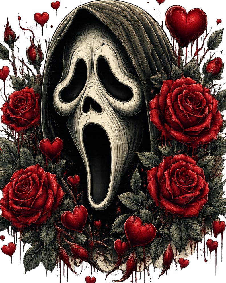 May include: A white ghost-like mask with a black hood surrounded by vibrant red roses and small red hearts. The design features dripping red accents throughout, creating a dark and romantic aesthetic with detailed shading on the mask and petals.