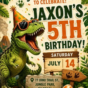 Könnte beinhalten: Eine Geburtstagseinladung mit einem grünen T-Rex, der einen orangefarbenen, gepunkteten Partyhut und eine Sonnenbrille trägt. Der Text lautet: STOMP ON OVER TO CELEBRATE! JAXON'S 5TH BIRTHDAY! SATURDAY JULY 14, 77 DINO TRAIL ST., JUNGLE PARK, TX 75001, RSVP TO: DAD AT 469-782-3150.