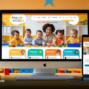 May include: A computer monitor and tablet display a custom daycare website. The website features a colorful design with images of children and the text "Daycre Prosafrou". The tablet shows a mobile version of the website.