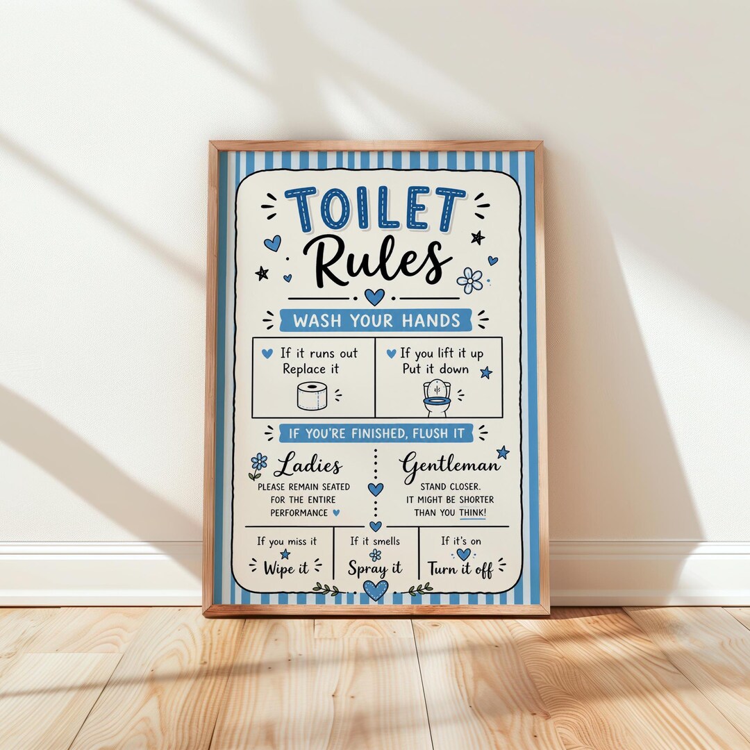 Toilet Rules Print – Blue Stripe Funny Quote Wall Art - Bathroom ...